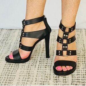 GUCCI Authentic Black Leather Caged Sandals with Silver Hardware Detail